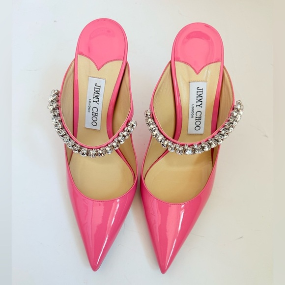 Jimmy Choo Candy Pink Patent Leather Bing 100 Crystal Embellished Mule pumps 38 - Picture 2 of 10